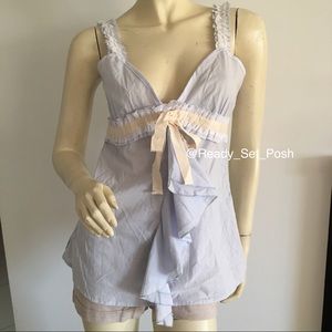 Hazel blue striped cotton camisole with cascading ruffle detail